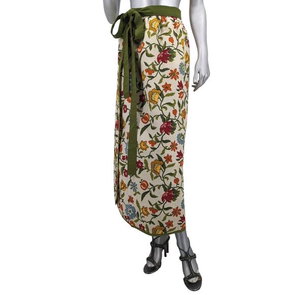 Beautiful Heavy Textured Cotton MAXI WRAP SKIRT Vintage 1970's ~ Jacobean Floral - Picture 4 of 11
